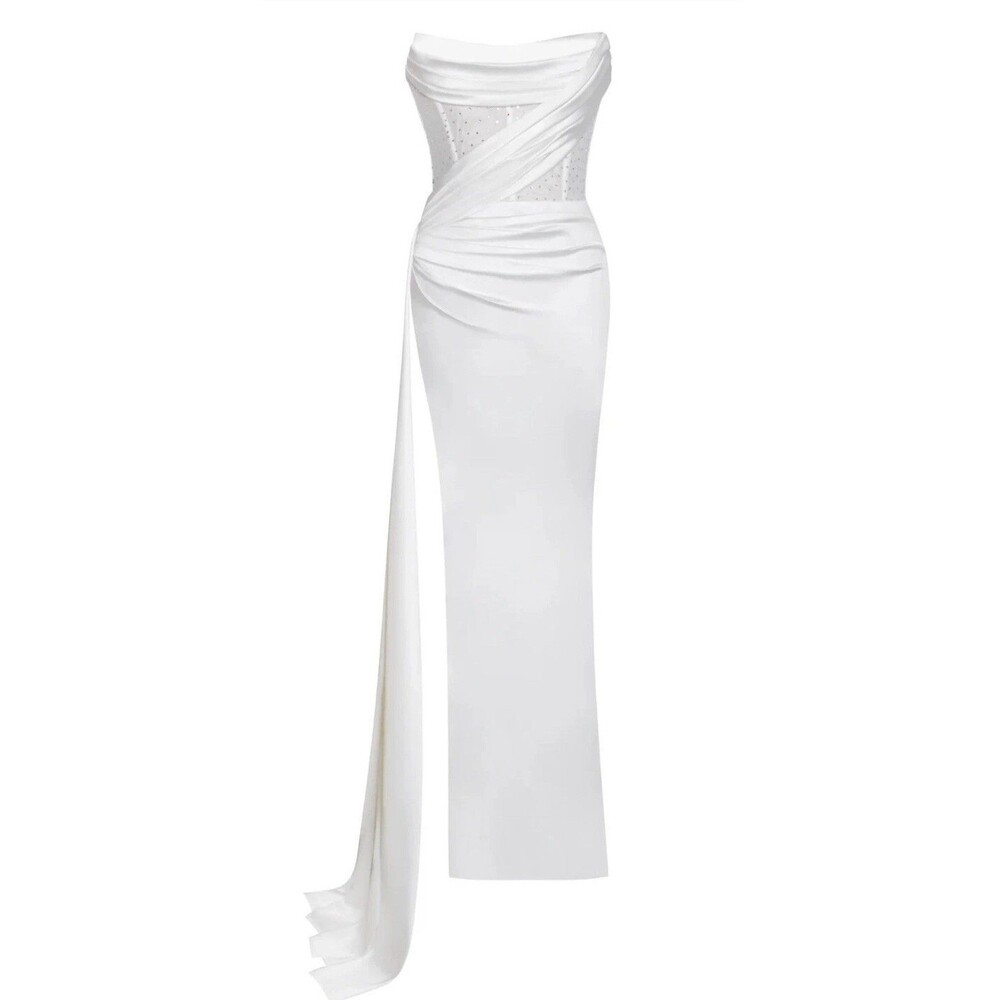 Miss Circle White Satin Crystal Corset Dress High Slit Bridal Reception Gown S